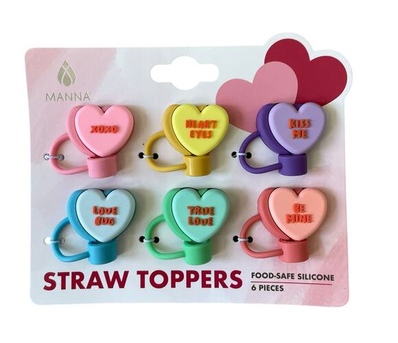 Manna Other - Conversation Heart Straw Toppers 6pk Valentines Day Multicolor Silicone XO New